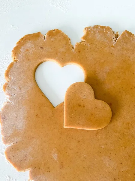 Process Making Heart Cookies Top View Raw Dough Rolling Pin — Zdjęcie stockowe