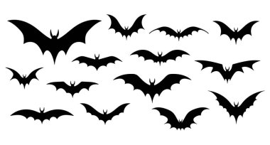 Yarasa siluetleri. İzole edilmiş siyah yarasalar, vampir grafik sembolleri. Kesim için korkunç derecede korkunç, düzenli dekoratif şablon, vektör grubu. Yüksek kalite