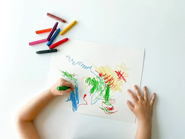 Small Child Draws Pastel Crayons White Table High Quality Photo — Stock Photo, Image