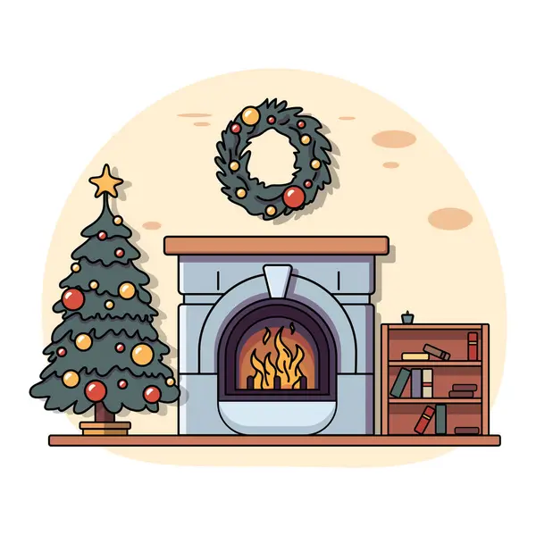 Acogedor Interior Navidad Árbol Navidad Una Chimenea Junto Pared Ladrillo — Vector de stock