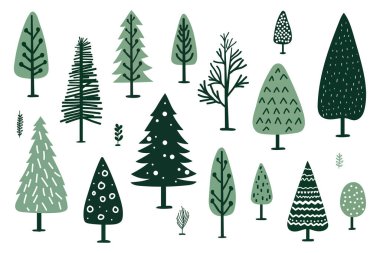 El çizimi Noel ağacı ikonları. Karalamalar ve çizimler. Şirin yeşil ağaçlar. Yüksek kalite