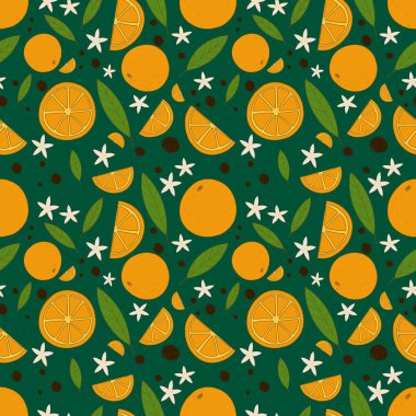 Kusursuz desen. Eski püskü arka planda portakal sulu meyve yaprakları ve çiçekler. Yüksek kalite