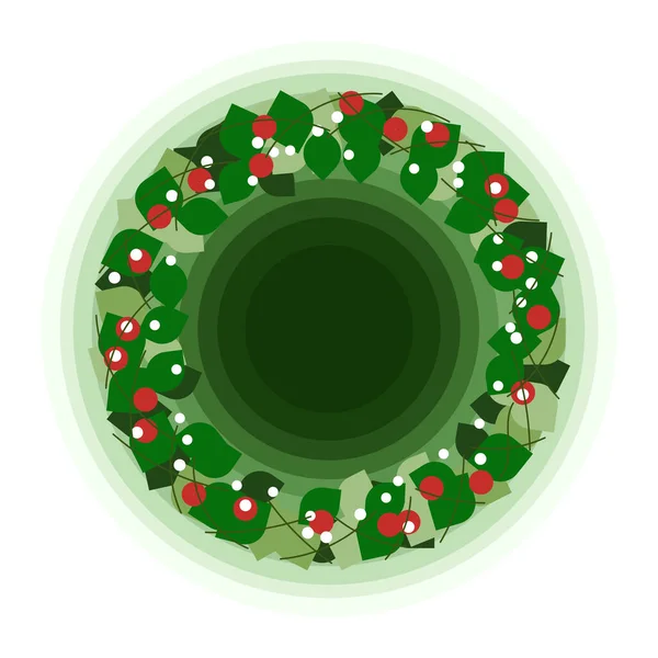 Kırmızı böğürtlenli ve yeşil arka planlı bir Noel çelengi tasviri. Düz stil. Yüksek kalite