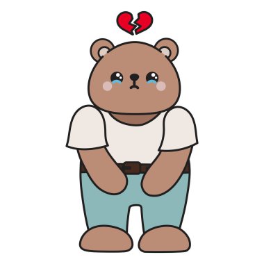 Cute cartoon bear is crying. with a broken heart over his head. kawaii