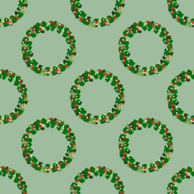 Üzerinde Noel çelengi ve fiyonk olan yeşil kart. Kusursuz desen. Vektör illüstrasyonu.