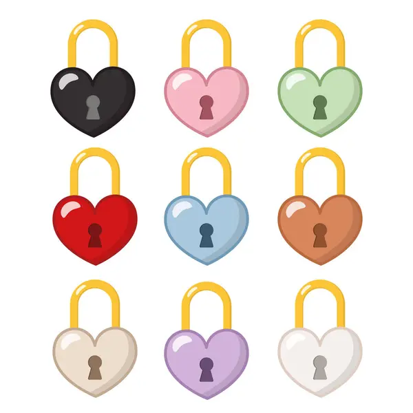 Various colored heart shaped padlocks, vector logos or badges, heart shaped padlocks and love themes, open or closed emotions, secret feelings concept, valentine theme.