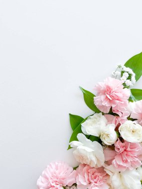 Pembe çiçek. Beyaz arka planda çeşitli pembe çiçekler var. Yazı veya metin için boş boşluk ile