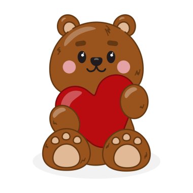 Elinde kalbi olan sevimli çizgi film ayısı. Vektör. Ayı çizgi filmi. Düz bir şekilde. Kahverengi ayı oturur ve gülümser.