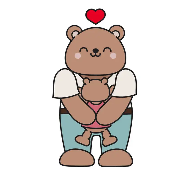 Cute cartoon bear hugging a cub, cute brown bear family drawing. Simple vector illustration, kawaii mascot or logo.