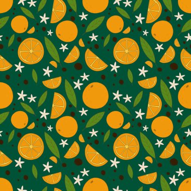 Kusursuz desen. Eski püskü arka planda portakal sulu meyve yaprakları ve çiçekler. Yüksek kalite