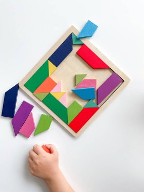 Childs el, beyaz arka planda çok renkli ahşap mozaik koleksiyonu yapıyor. Çocuk renkli bir tangram çözüyor. Beyaz arkaplanda renkli geometrik şekillerin karesi.