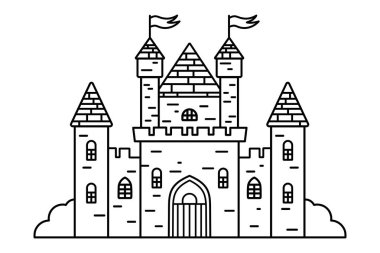 Kuleleri ve bayrakları olan ortaçağ şatosunun çizgi çizimi, siyah ve beyaz renkli sayfa, peri masalı mimari konsepti. Yüksek kalite