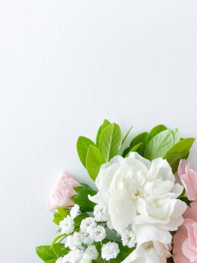 Pembe çiçek. Beyaz arka planda çeşitli pembe çiçekler var. Yazı veya metin için boş boşluk ile