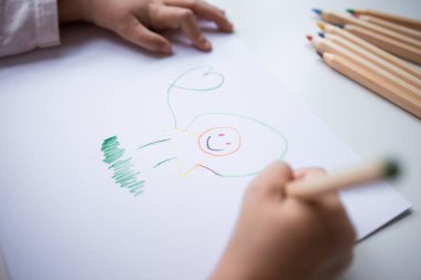 Beyaz kağıda renkli kalemlerle çocuk çizimi.