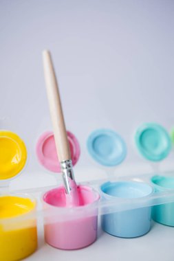Yaratıcı projeler için renkli akrilik boya ve fırça seti.