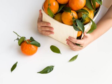 Childs 'ın elleri taze portakal ve yapraklarla dolu sepeti tutuyor..