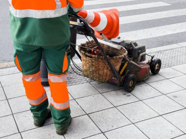 Çim biçme makinesi ve şehir kaldırımında trafik konisi olan yüksek donanımlı işçiler.