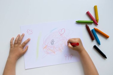Beyaz kağıt yüzeyinde pastel boyalı çocuk çizimi.