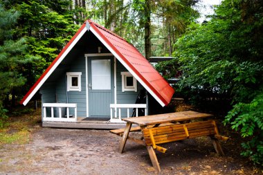 Ormanda kırmızı çatılı, piknik masalı çerçeveli bir kulübe. Yüksek kalite.