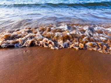 Gün batımında kumlu kıyıya vuran hafif dalgalar. Yüksek kalite.