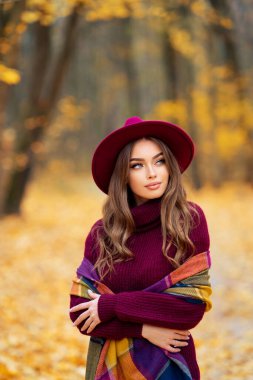 Hoş örülü bordo elbiseli ve şapkalı güzel kız sonbahar arkaplanlı, doğada duruyor..