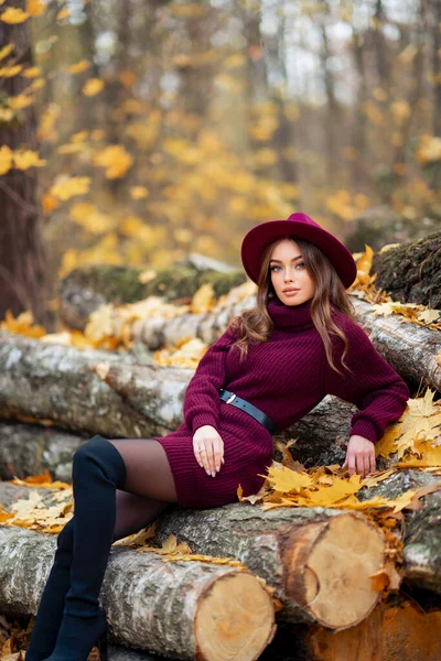 Девушка Уютном Вязаном Платье Шляпе Сидящая Природе Осеннем Фоне — стоковое фото