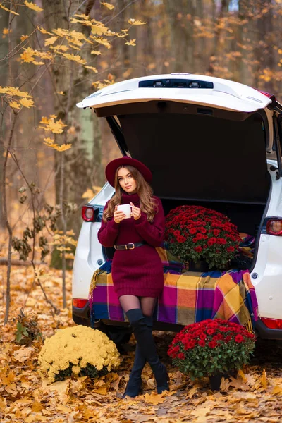 居心地の良いニットバーガンディドレスと帽子の美しい女の子は 秋の背景と自然に車の中で座っています カラフルな肖像画 — ストック写真