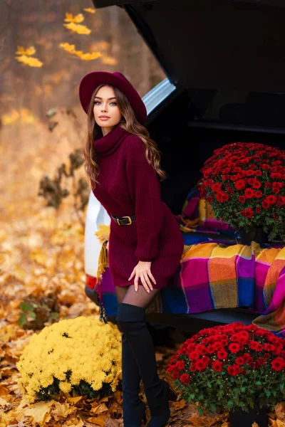 穿着舒适的针织勃艮第服装和帽子的漂亮姑娘坐在车上 有着秋天的背景和花朵 — 图库照片
