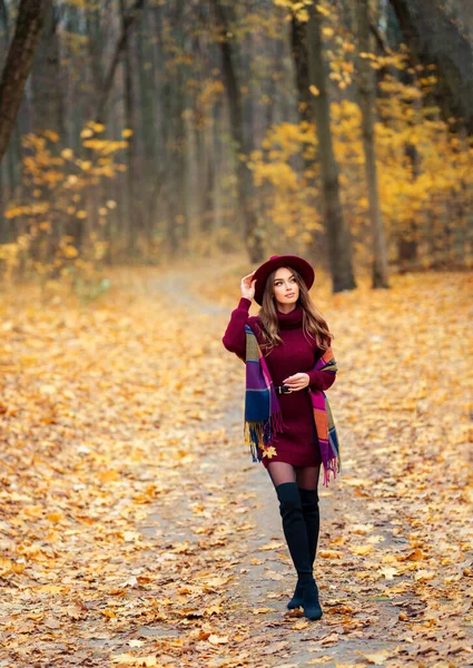 Красивая Девушка Уютном Вязаном Бордовом Платье Шляпе Стоящих Природе Осеннем — стоковое фото