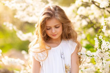 Portrait of beautiful young blonde curly girl with blue eyes posing on spring nature with white blooming trees.Sunny positive colorful photo with amazing teenage model. Light in hair.  