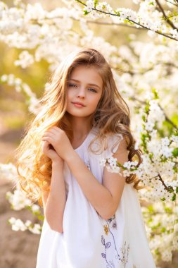 Portrait of beautiful young blonde curly girl with blue eyes posing on spring nature with white blooming trees.Sunny positive colorful photo with amazing teenage model. Light in hair.  