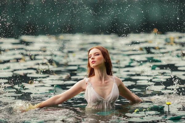 Beautiful Red Haired Girl White Dress Posing River Water Lilies — Zdjęcie stockowe
