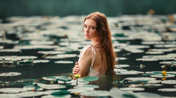 Beautiful Red Haired Girl White Dress Posing River Water Lilies — Zdjęcie stockowe