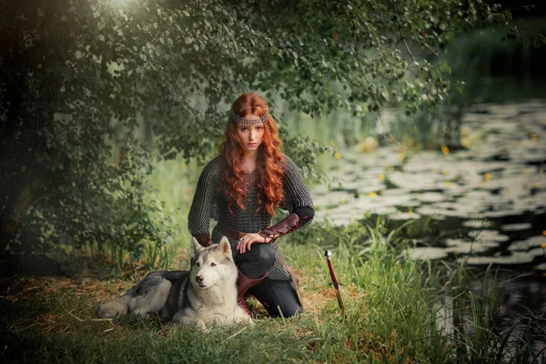 漂亮的红头发姑娘穿着中世纪金属盔甲 剑拔弩张地站在那里和狗摆出一副好战的架势 关于战士的童话故事 温暖的艺术作品 — 图库照片