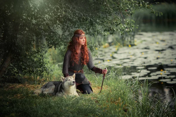 漂亮的红头发姑娘穿着中世纪金属盔甲 剑拔弩张地站在那里和狗摆出一副好战的架势 关于战士的童话故事 温暖的艺术作品 — 图库照片