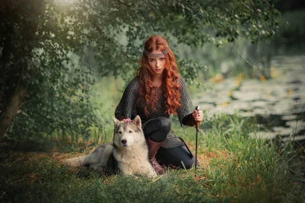 Beautiful red haired girl in metal medieval armor dress with sword standing in warlike pose with dog. Fairy tale story about warrior . Warm art work.