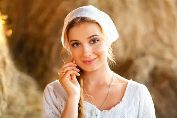 Beautiful Blonde Girl Braided Hair White Rural Clothes Sitting Straw — Stock Photo, Image