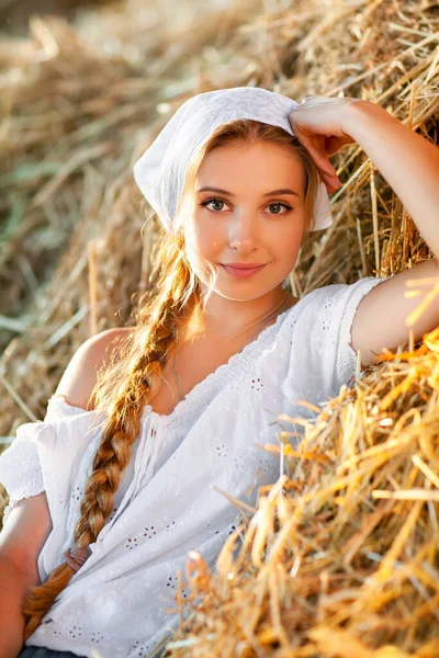 Beautiful Blonde Girl Braided Hair White Rural Clothes Sitting Straw — Stock Photo, Image