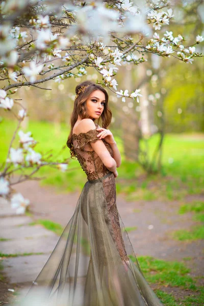 Primavera Hermosa Chica Romántica Moda Vestido Largo Encaje Marrón Pie —  Fotos de Stock