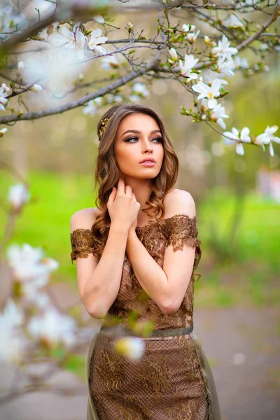 Spring Beautiful Romantic Girl Fashion Long Lace Brown Dress Standing — Stock Photo, Image