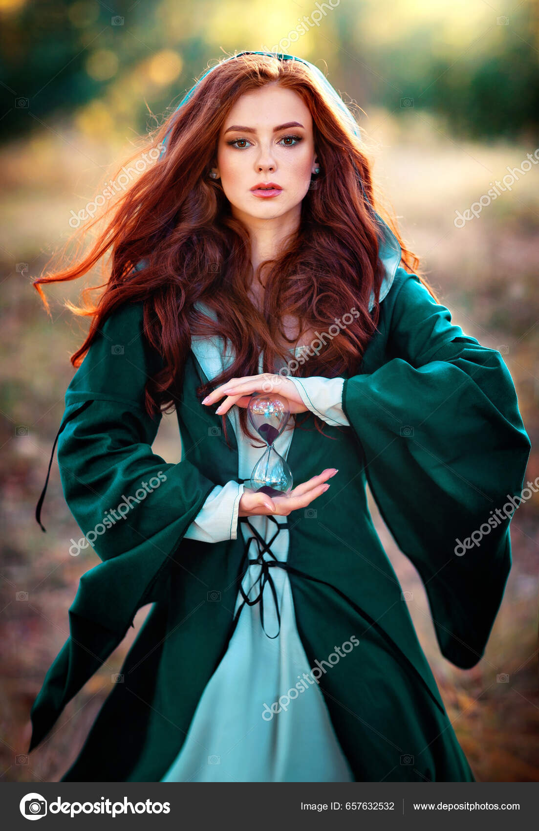 Portrait Beautiful Red Haired Girl Green Medieval Dress Glowing Sun ...