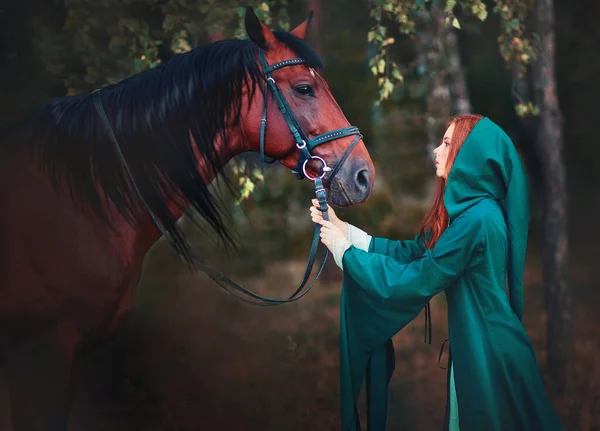 Piękne Rude Włosy Dziewczyna Zielonej Średniowiecznej Sukience Siedzi Koniu Patrząc — Zdjęcie stockowe