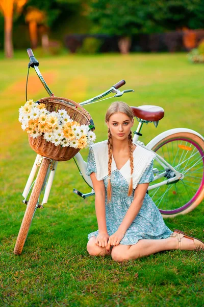 Beautiful Young Blonde Smiling Girl Short Blue Dress Sitting White — Stock Photo, Image