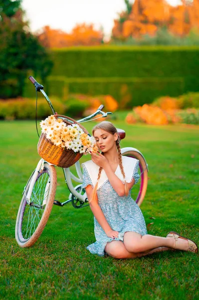 白い自転車の近くに座っている短い青いドレスの美しい若いブロンドの笑顔の女の子は カモミールの巨大な花束のバスケットと — ストック写真