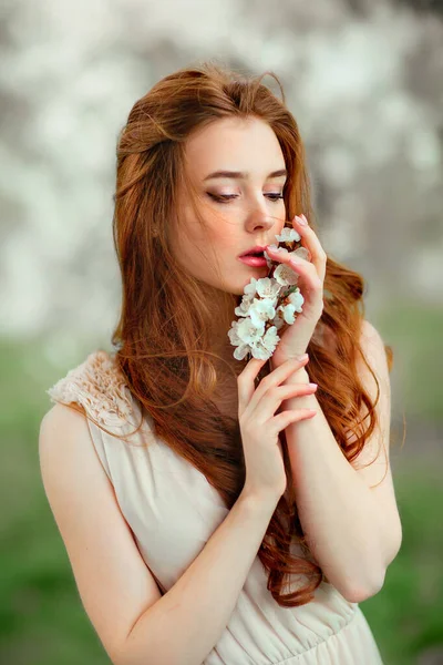 美丽浪漫的红头发姑娘 身穿白色花边裙 站在盛开的花园里 朝下看的年轻模特儿 — 图库照片