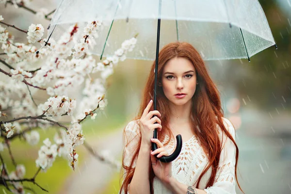 Spring Beautiful romantic red haired girl in white lace dress and jeans standing near blooming tree with transparent umbrella.Young model near road under rain looking at camera.