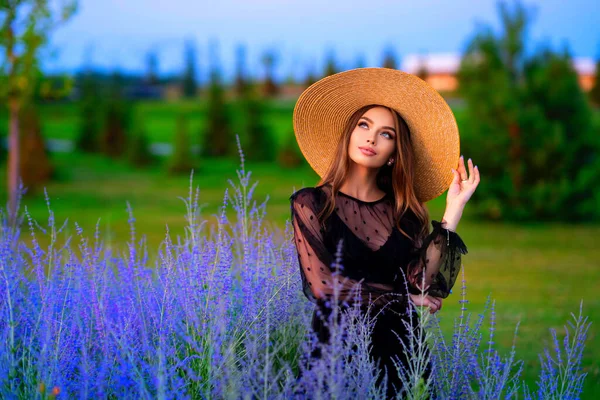 라벤더 짚으로 커다란 모자를 아름다운 소녀의 낭만적 여자의 — 스톡 사진