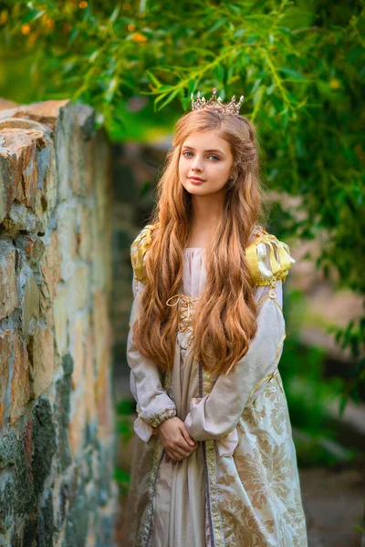 Belle Jeune Princesse Blonde Robe Médiévale Dorée Petite Couronne Jolie — Photo