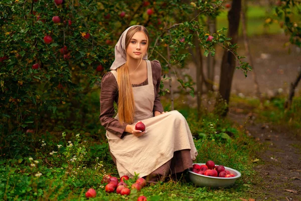 穿着中世纪衣服和围裙的漂亮金发姑娘拿着红苹果的画像 年轻的工人站在花园里 温暖多彩的艺术作品 — 图库照片