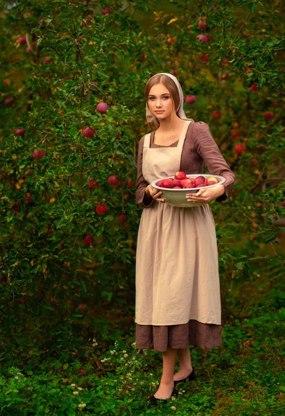 Портрет Красивої Блондинки Середньовічній Сукні Фартуху Приймає Червоні Яблука Молодий — стокове фото